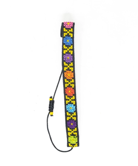 Black Floral Embroidery Bracelet - Yellow Crossed Lines