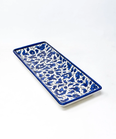 Ceramic Rectangular Floral Printed Plate - Blue