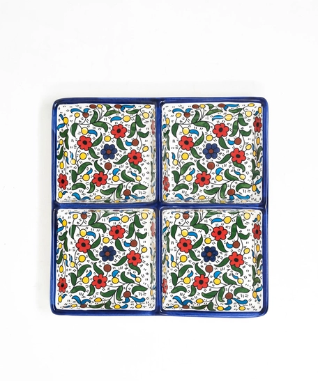 Square Floral Ceramic Plate Four Section - Multiple Colors - Blue