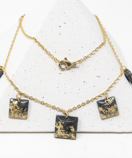 Italian Gold Plated Necklace with Square Black and Gold Concrete 