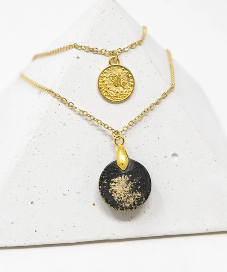 Round Black and Gold Concrete Italian Gold Plated Necklace