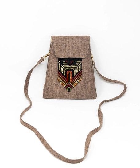 Beige Rectangular Embroidered Crossbody Bag