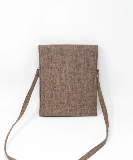 Beige Square Embroidered Crossbody Bag with Fringes