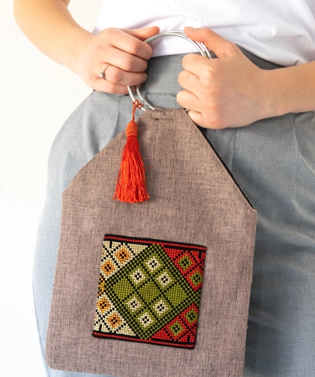 Beige Round Handle Embroidered Bag