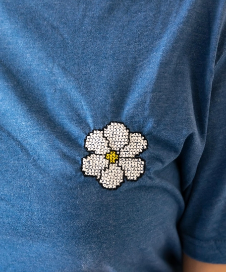 Blue T-shirt with White Embroidery (Medium) 
