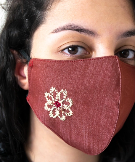 Embroidered Floral Cotton Dark Red Face Mask