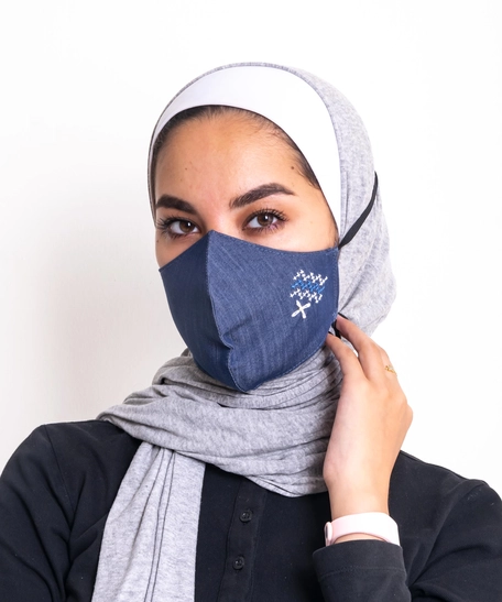 Embroidered Dark Blue Cotton Face Mask