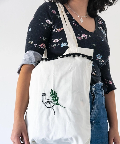 Tote Bag Embroidered - Face in Black and Tree Branch in Green