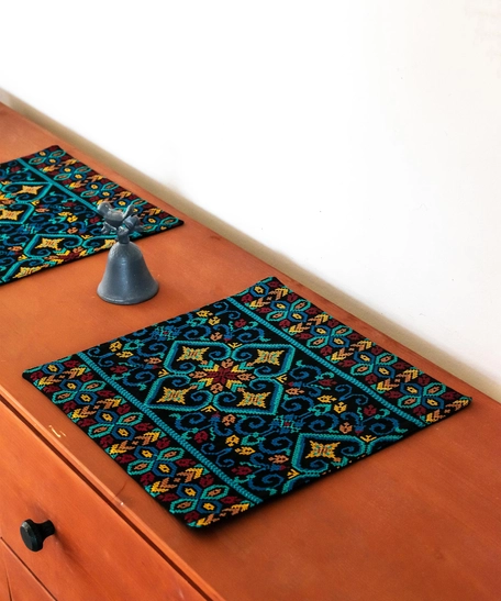 Set of Two Upcycled Embroidered Small Square Table Runner - Blue