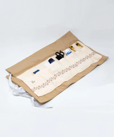 Beige and White Self Care Tools Roll Up Pouch Organizer