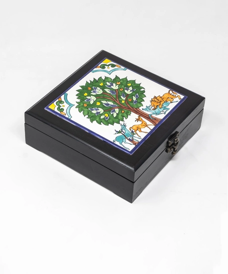 Black Wooden Box with Hand Painted Ceramic Cover - Multiple Patterns