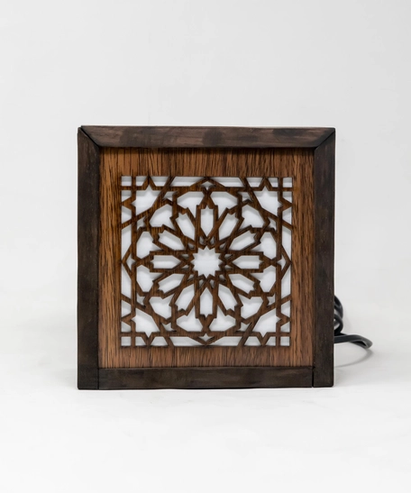 Square Wooden Table Lamp with Islamic Geometric Patterns - Floral