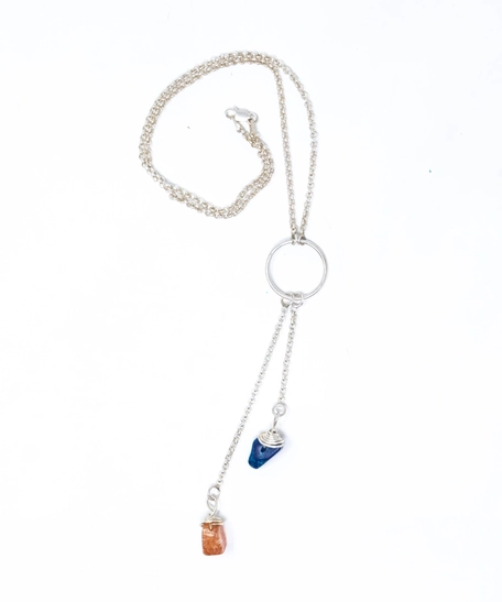 Farfasha Silver Necklace with Two Gem Stones - Orange and Navy Blue