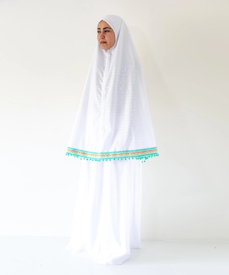 White Embroidered Prayer Clothes Set - Cyan
