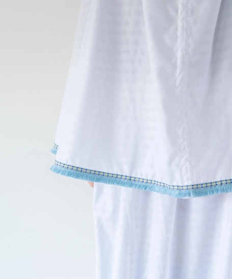 White Embroidered Prayer Clothes Set in Blue Tassels