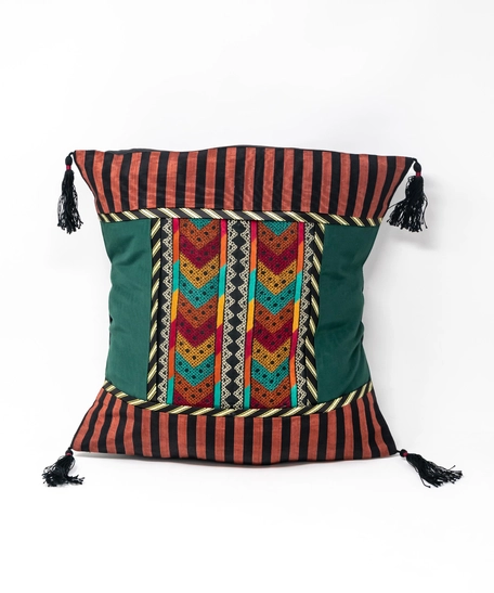 Embroidered Pillow Covers with Tassels - Multi Colors and Shapes - Green