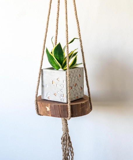 Macrame Plant Hanger with Wooden Base