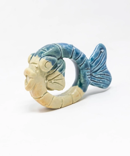 Set of Six Glazed Ceramic Fish Shaped Napkin Rings