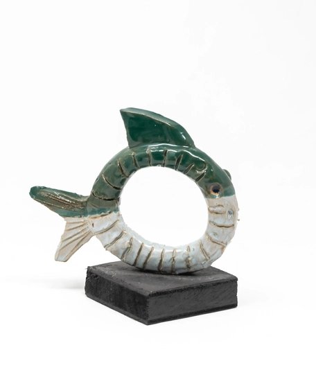 Circular Ceramic Fish Figurine with Wooden Stand