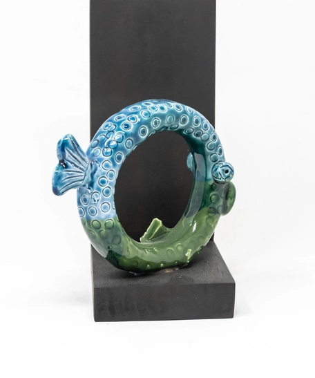 Circular Glazed Ceramic Bookend with Wooden Stand - Half Tail