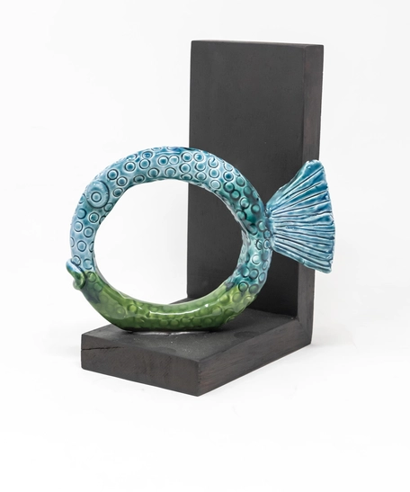 Circular Glazed Ceramic Bookend with Wooden Stand - Half Tail