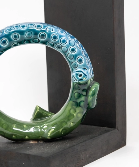 Circular Glazed Ceramic Bookend with Wooden Stand - Half Tail