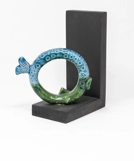 Circular Glazed Ceramic Bookend with Wooden Stand - Half Tail