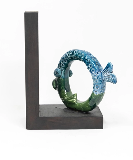 Circular Glazed Ceramic Bookend with Wooden Stand - Half Tail