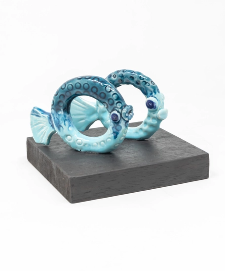 Double Circular Ceramic Figurine with Wooden Stand