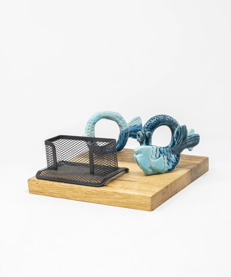 Business Card Holder with Wooden Stand  - 3 Fishes