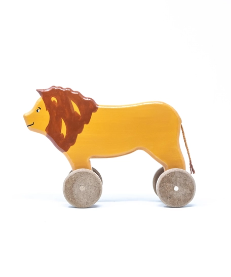 Wooden Lion Toy on Wheels