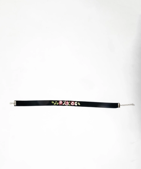 Floral Black Embroidered Necklace - Pink