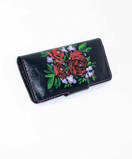 Floral Black Genuine Leather Wallet