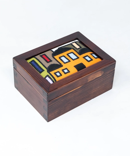 Embroidered Dark Brown Wood Jewelry Box - Blue