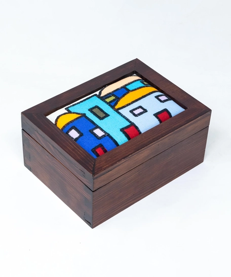 Embroidered Dark Brown Wood Jewelry Box - Blue