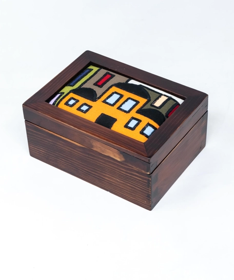 Embroidered Dark Brown Wood Jewelry Box - Blue