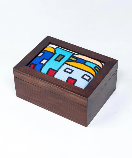 Embroidered Dark Brown Wood Jewelry Box - Blue