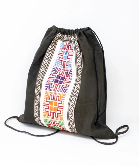 Canvas Drawstring Backpack Decorated with Heritage Embroidery ​ - Beige
