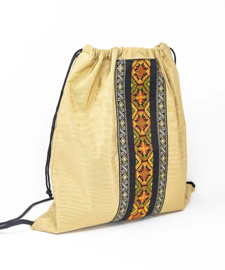 Canvas Drawstring Backpack Decorated with Heritage Embroidery ​ - Beige