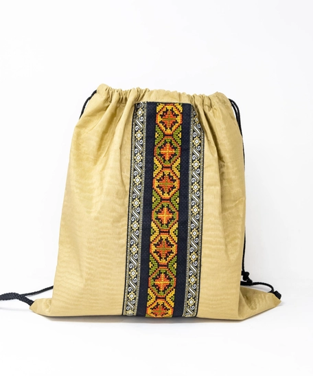 Canvas Drawstring Backpack Decorated with Heritage Embroidery ​ - Beige