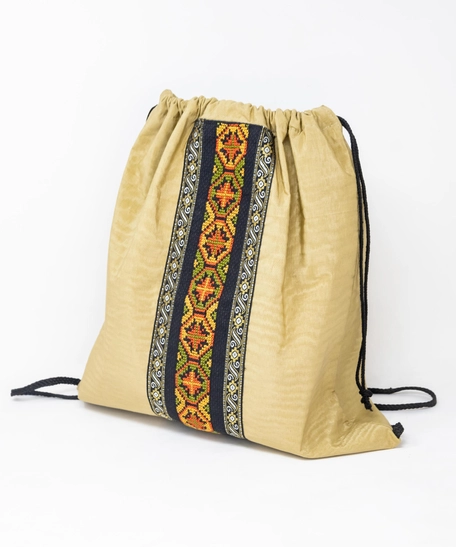 Canvas Drawstring Backpack Decorated with Heritage Embroidery ​ - Beige