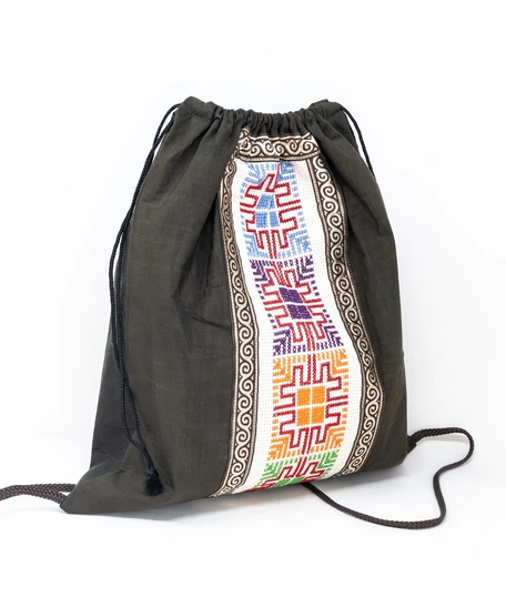 Canvas Drawstring Backpack Decorated with Heritage Embroidery ​ - Beige