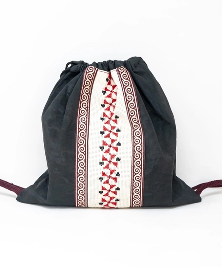 Canvas Drawstring Backpack Decorated with Heritage Embroidery ​ - Beige