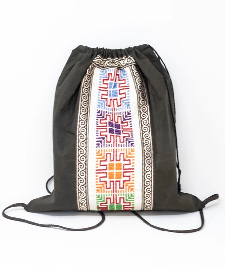 Canvas Drawstring Backpack Decorated with Heritage Embroidery ​ - Beige