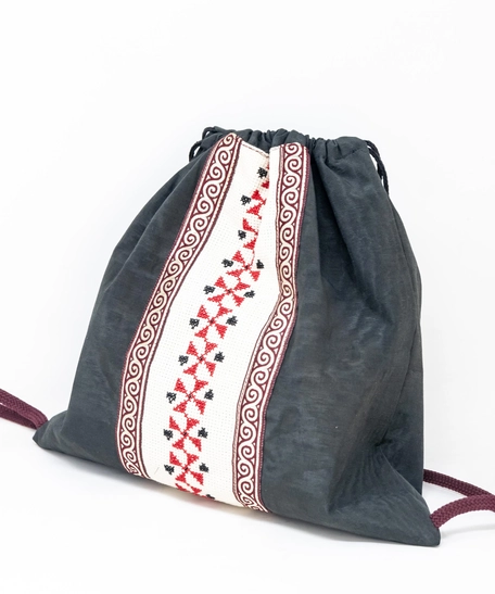 Canvas Drawstring Backpack Decorated with Heritage Embroidery ​ - Beige