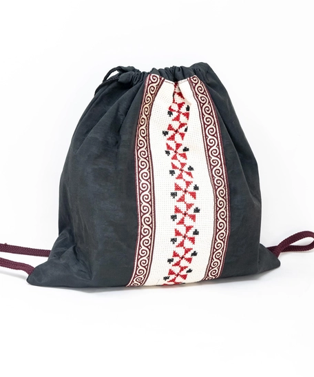 Canvas Drawstring Backpack Decorated with Heritage Embroidery ​ - Beige