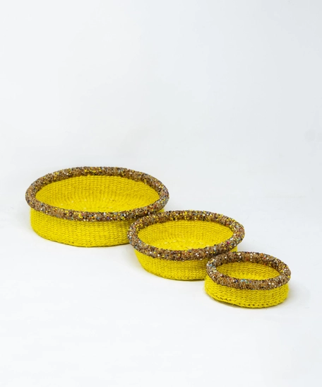 Natural Sisal Basket Bowl Set - Multi Colors - Yellow