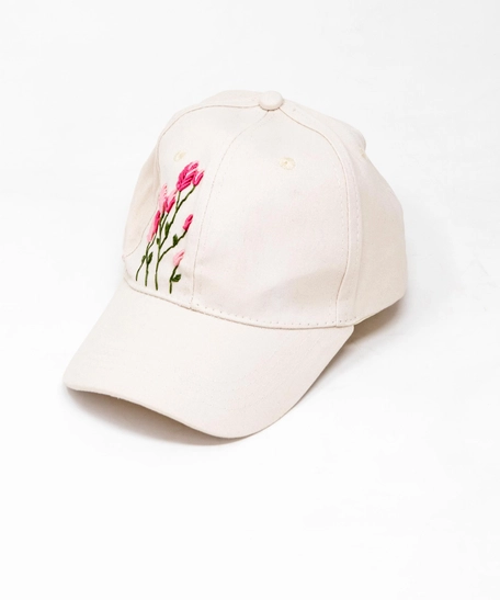 White Hand Embroidered Cap - Pink Floral Embroidery