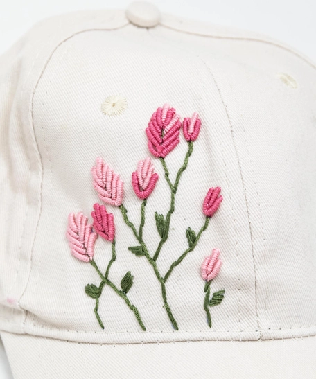 White Hand Embroidered Cap - Pink Floral Embroidery