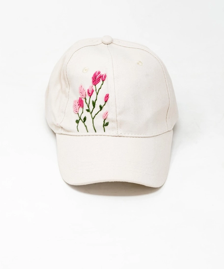 White Hand Embroidered Cap - Pink Floral Embroidery